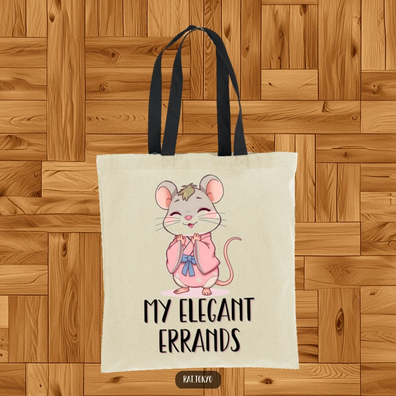 Funny rat tote bag with a cheerful character in a pink kimono, bowing gracefully, perfect for shopping or carrying daily items.