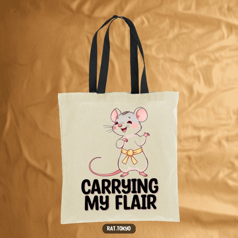 Funny tote bag with a playful rat twirling a long, silken obi, blending functionality with a dynamic sense of humor.