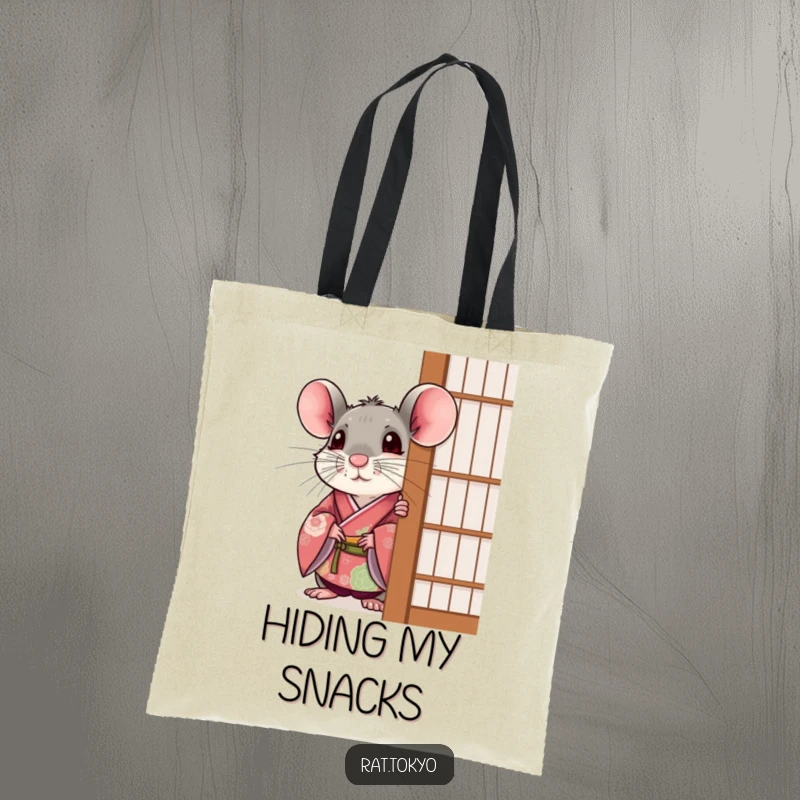 Funny rat in a festive kimono, peeking out curiously from behind a screen, on a stylish tote bag.