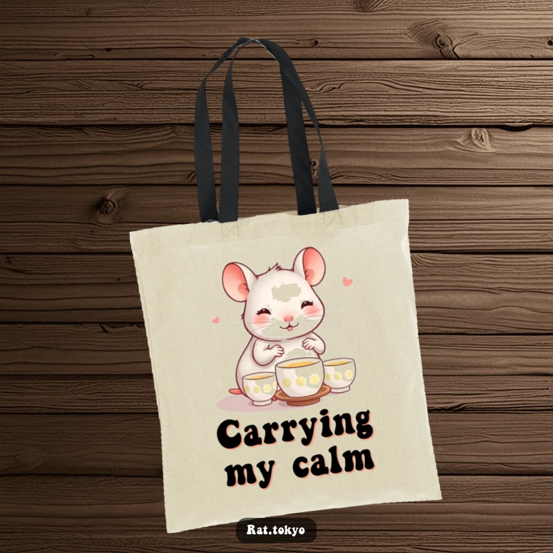 Funny tote bag with a happy rat performing a tea ceremony with tiny cups, blending serene moments with playful humor.