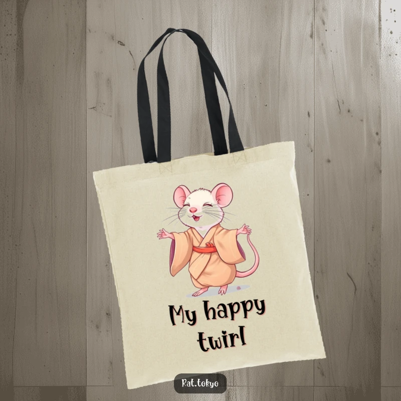 Funny rat in a silk kimono, gracefully twirling, on a stylish tote bag for carrying life's essentials.