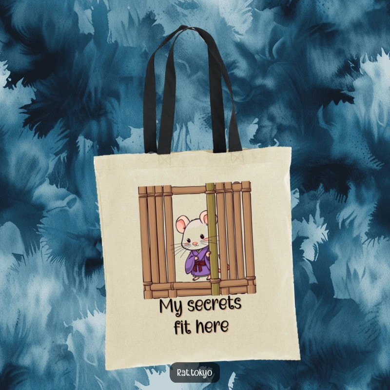 Funny tote bag with a curious rat in a purple kimono, peeking from behind a bamboo screen, ideal for everyday use with a humorous touch.